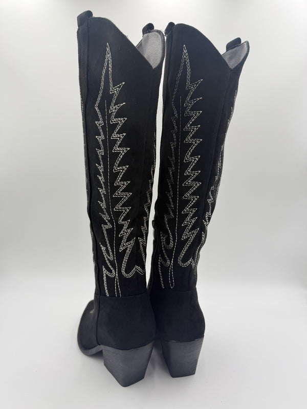 Black Knee High Faux Suede Western Cowboy Boots in Black / 36/3 - HL London