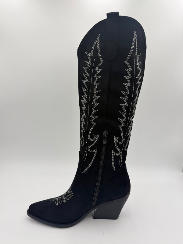 Black Knee High Faux Suede Western Cowboy Boots in Black / 36/3 - HL London