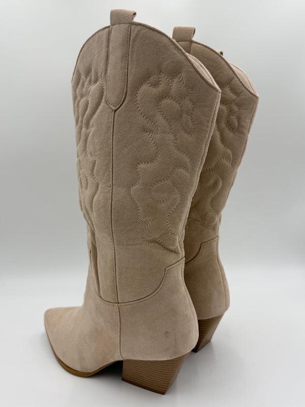 Beige Suede Effect Soft Feel Cowboy Boots in Beige / 41/8 - HL London