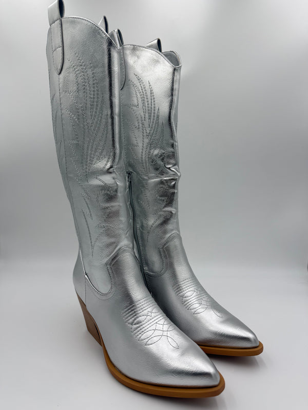 Silver Metallic Faux Leather Cowboy Boots in Silver / 38/5 - HL London