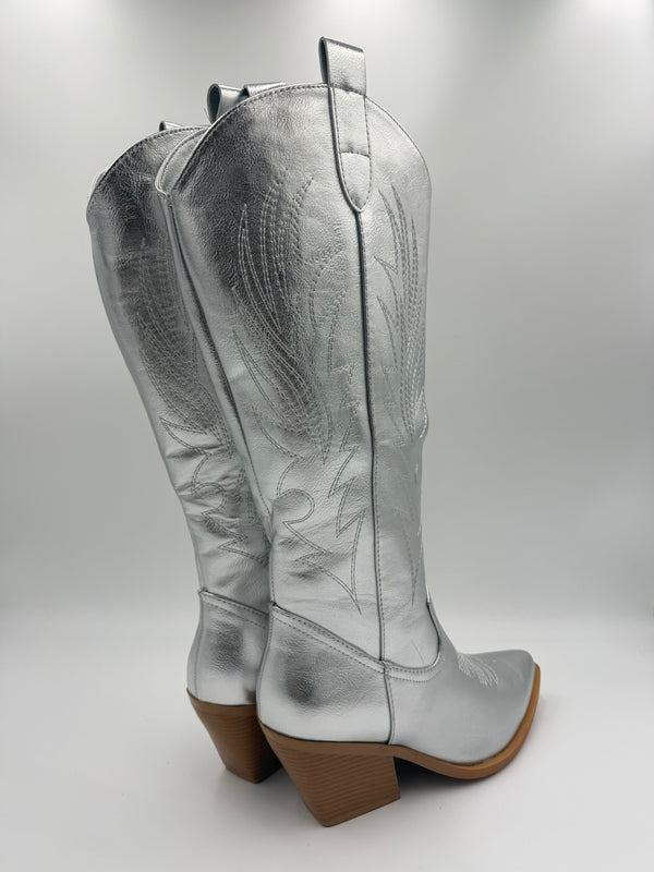 Silver Metallic Faux Leather Cowboy Boots in Silver / 38/5 - HL London