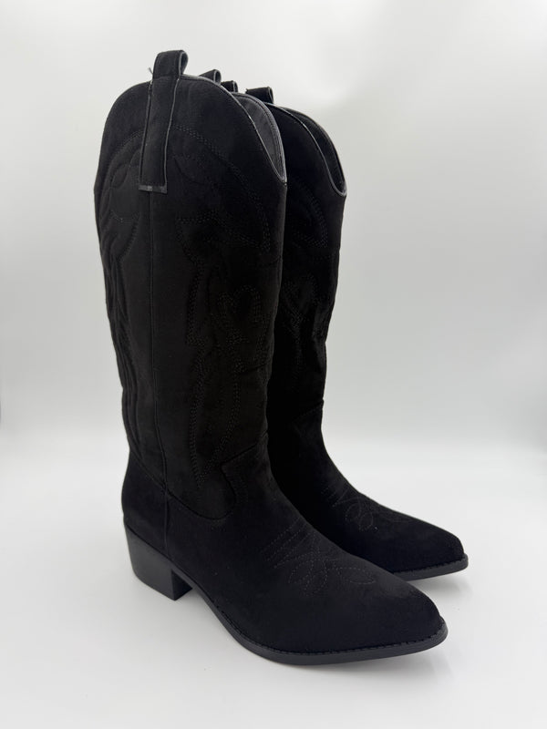 Black Suede Effect Cowboy Boots in Black / 41/8 - HL London