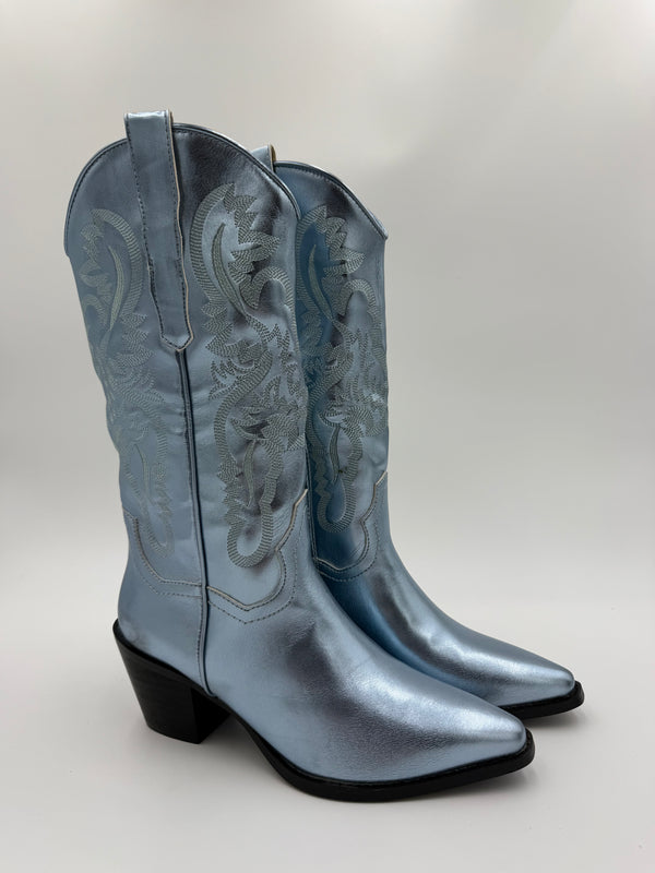Silver Blue Faux Leather Embroidered Cowboy Boots in Silver Blue / 36/3 - HL London
