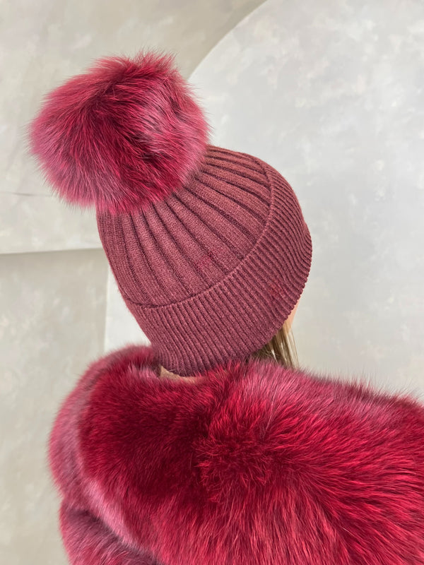 Burgundy Luxury Fur Bobble Hat