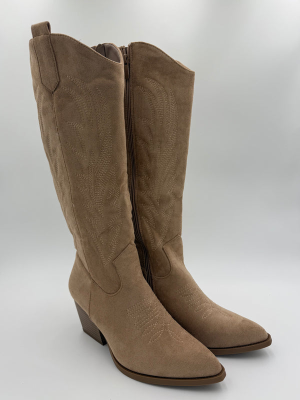 Dark Beige Embroidered Suede Effect Cowboy Boots in Dark Beige / 36/3 - HL London