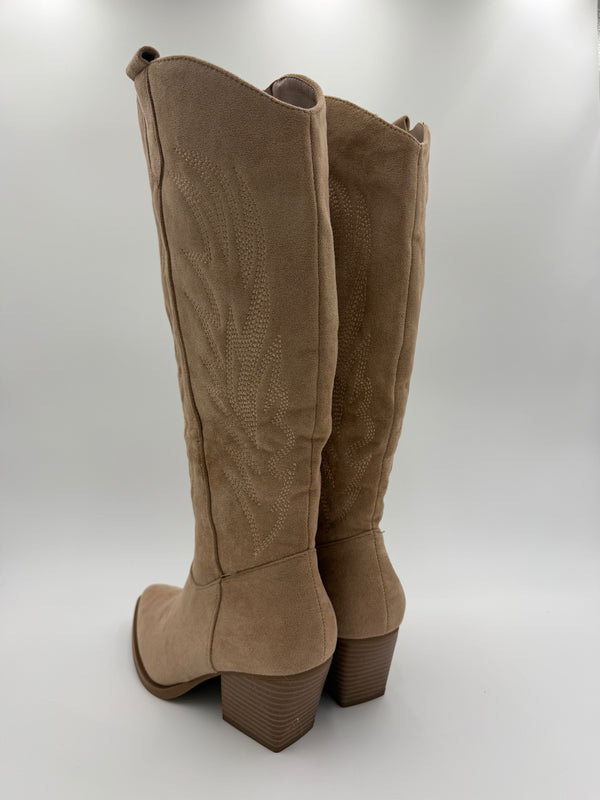 Dark Beige Embroidered Suede Effect Cowboy Boots in Dark Beige / 36/3 - HL London