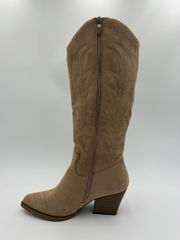Dark Beige Embroidered Suede Effect Cowboy Boots in Dark Beige / 36/3 - HL London
