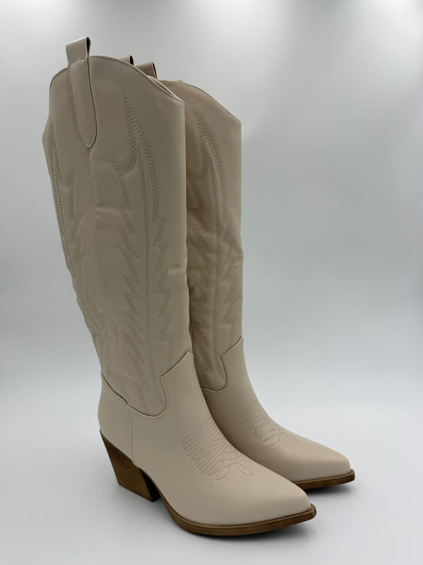 Beige Knee High Faux Leather Cowboy Boots in Beige / 36/3 - HL London