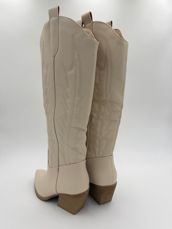 Beige Knee High Faux Leather Cowboy Boots in Beige / 36/3 - HL London