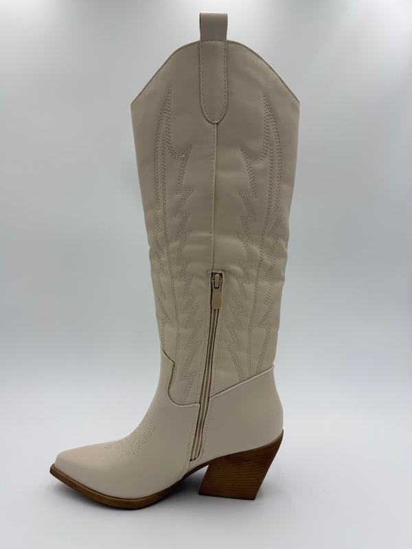 Beige Knee High Faux Leather Cowboy Boots in Beige / 36/3 - HL London