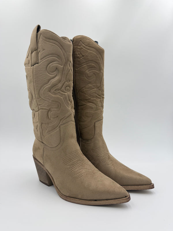 Dark Beige Embossed Suede Effect Cowboy Boots in Dark Beige / 36/3 - HL London