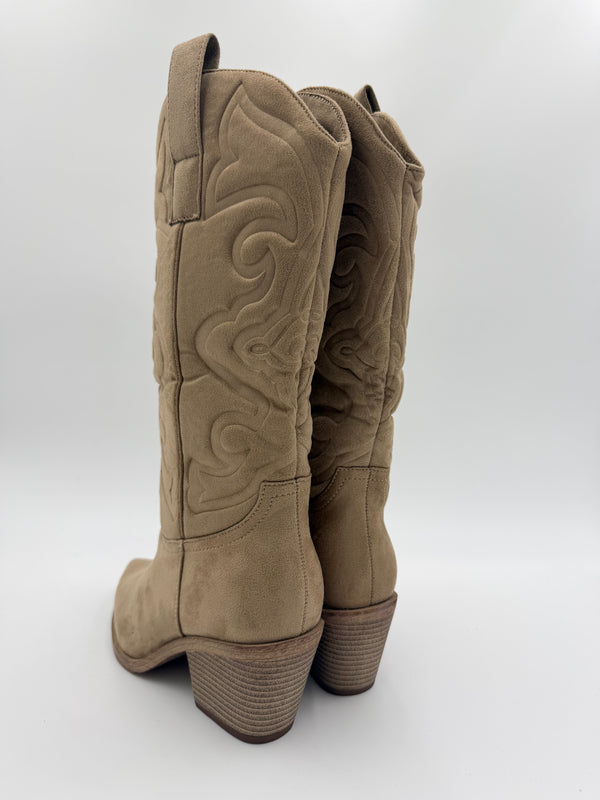 Dark Beige Embossed Suede Effect Cowboy Boots in Dark Beige / 36/3 - HL London