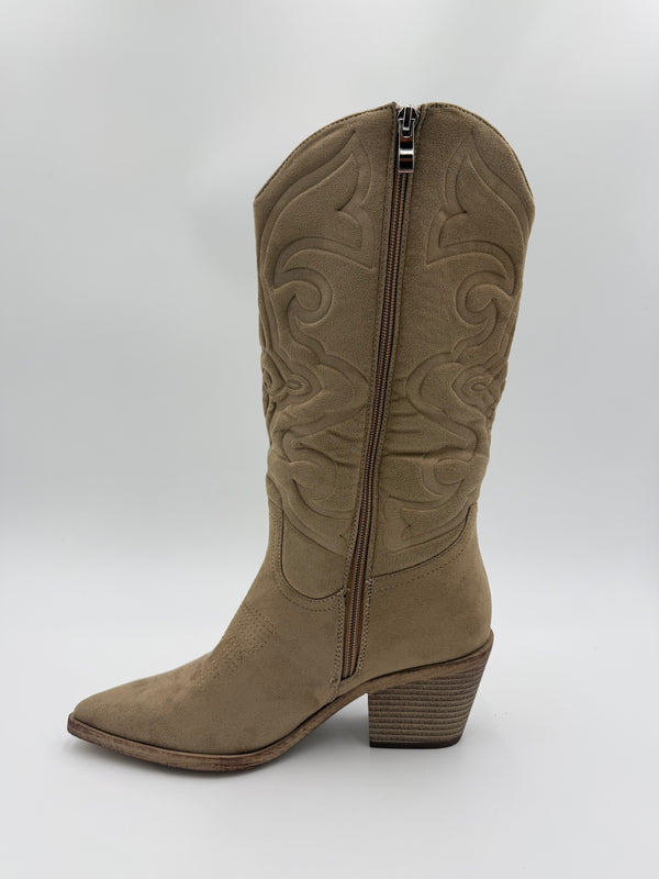 Dark Beige Embossed Suede Effect Cowboy Boots in Dark Beige / 36/3 - HL London