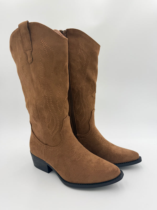 Tan Calf Length Suede Effect Cowboy Boots in Tan / 36/3 - HL London