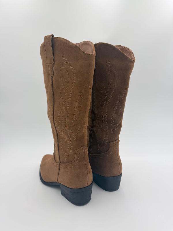 Tan Calf Length Suede Effect Cowboy Boots in Tan / 36/3 - HL London