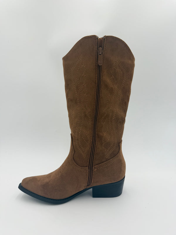 Tan Calf Length Suede Effect Cowboy Boots in Tan / 36/3 - HL London