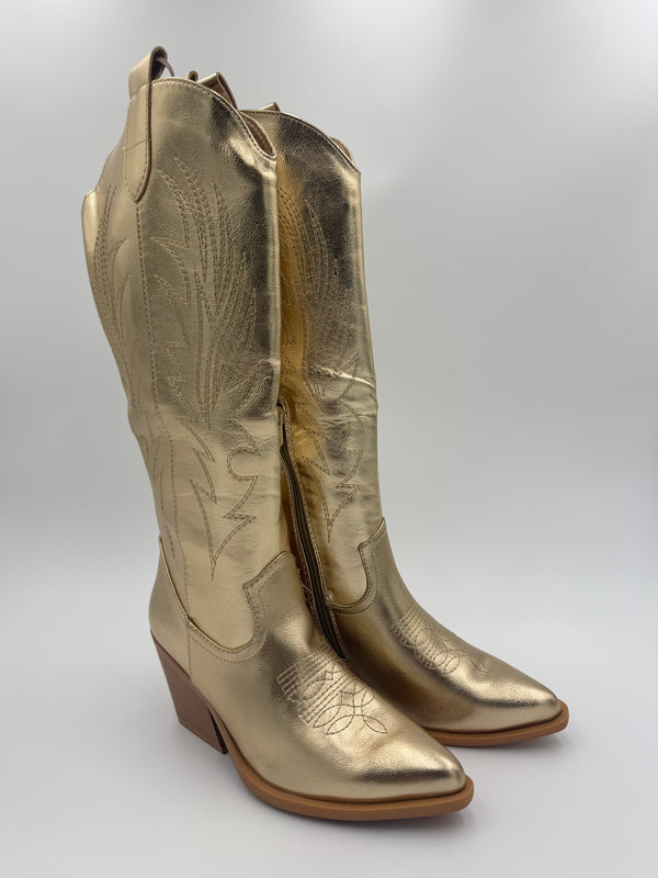 Gold Metallic Faux Leather Cowboy Boots in Gold / 41/8 - HL London