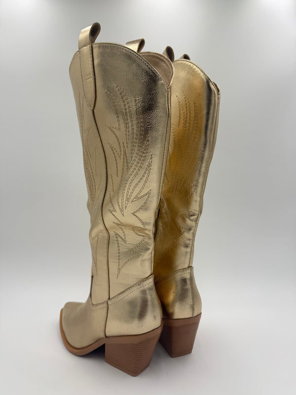 Gold Metallic Faux Leather Cowboy Boots in Gold / 41/8 - HL London