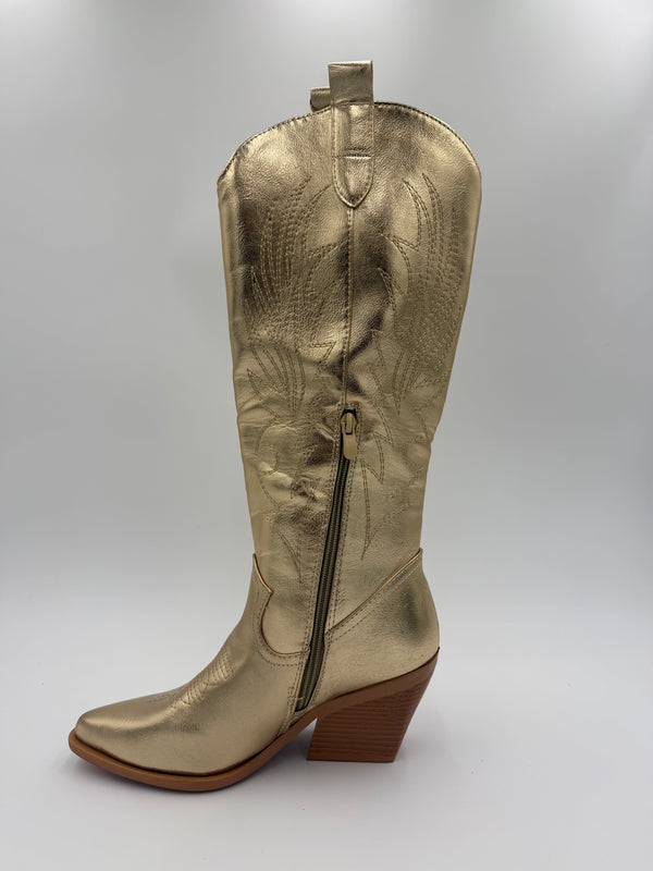 Gold Metallic Faux Leather Cowboy Boots in Gold / 41/8 - HL London