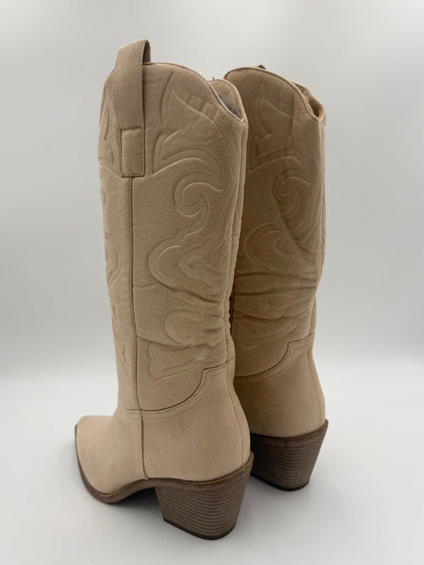 Beige Embossed Suede Effect Cowboy Boots in Beige / 39/6 - HL London