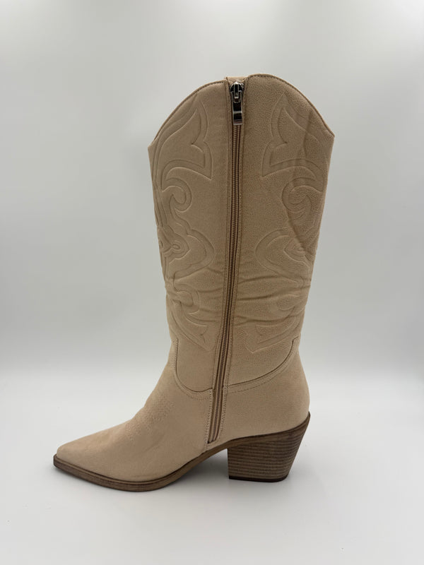 Beige Embossed Suede Effect Cowboy Boots in Beige / 39/6 - HL London