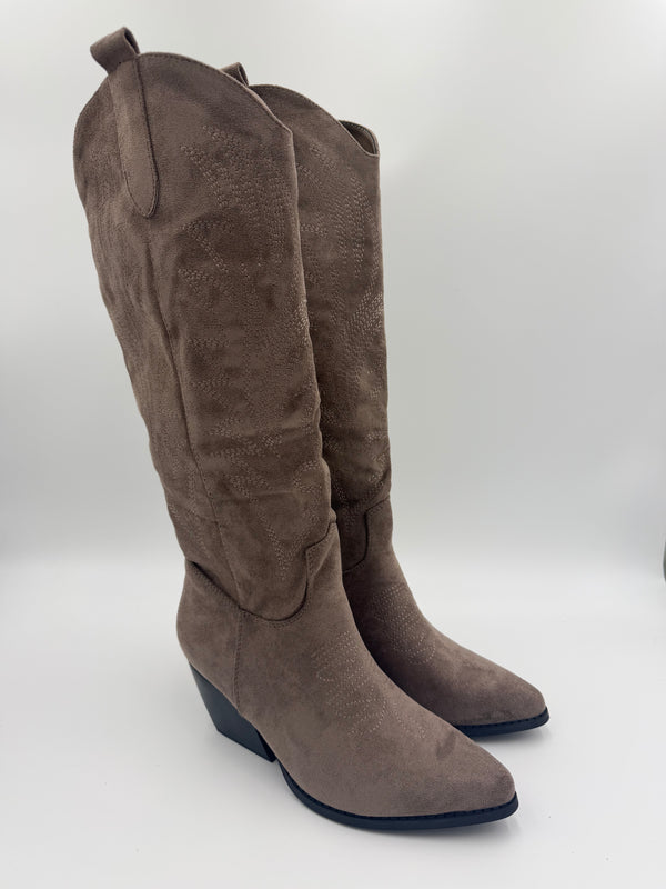 Mocha Suede Effect Longer Length Cowboy Boots in Mocha / 36/3 - HL London