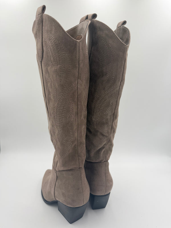 Mocha Suede Effect Longer Length Cowboy Boots in Mocha / 36/3 - HL London