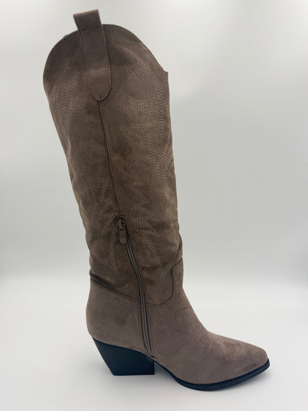 Mocha Suede Effect Longer Length Cowboy Boots in Mocha / 36/3 - HL London