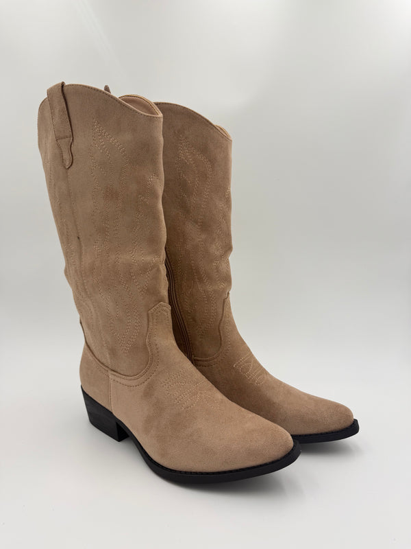 Dark Beige Calf Length Suede Effect Cowboy Boots in Dark Beige / 37/4 - HL London