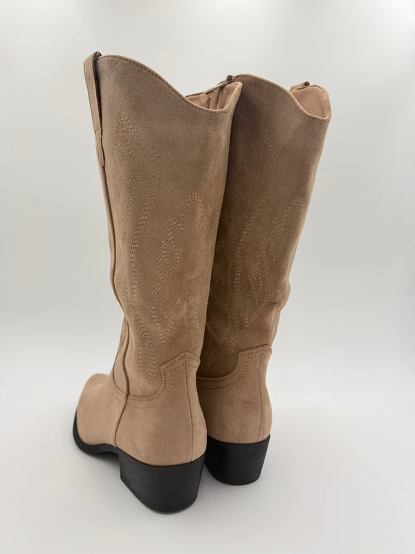 Dark Beige Calf Length Suede Effect Cowboy Boots in Dark Beige / 37/4 - HL London