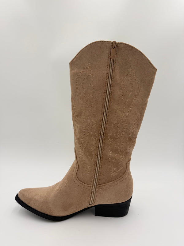 Dark Beige Calf Length Suede Effect Cowboy Boots in Dark Beige / 37/4 - HL London