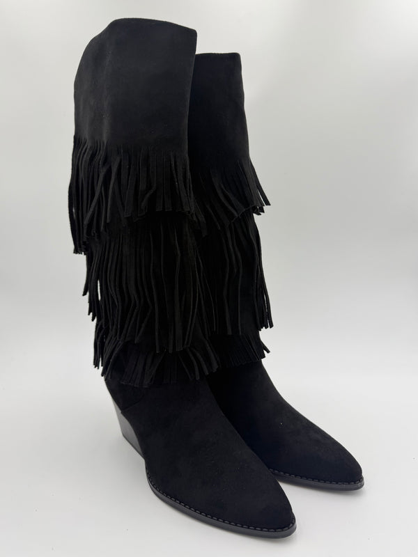 Black Fringe Faux Suede Cowboy Boots in Black / 36/3 - HL London