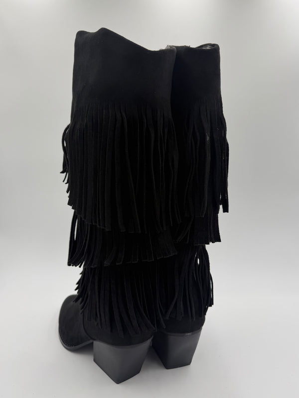 Black Fringe Faux Suede Cowboy Boots in Black / 36/3 - HL London