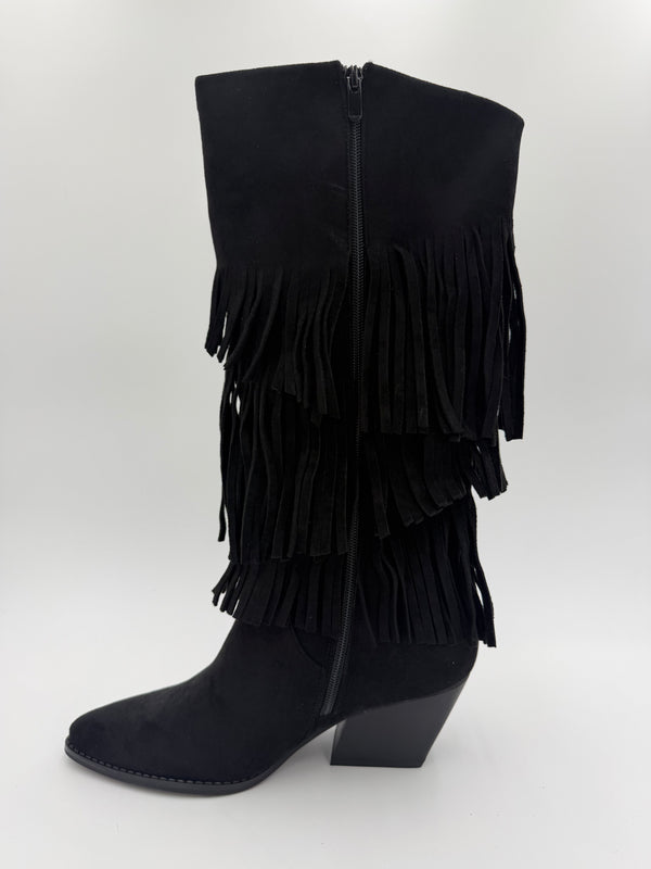 Black Fringe Faux Suede Cowboy Boots in Black / 36/3 - HL London