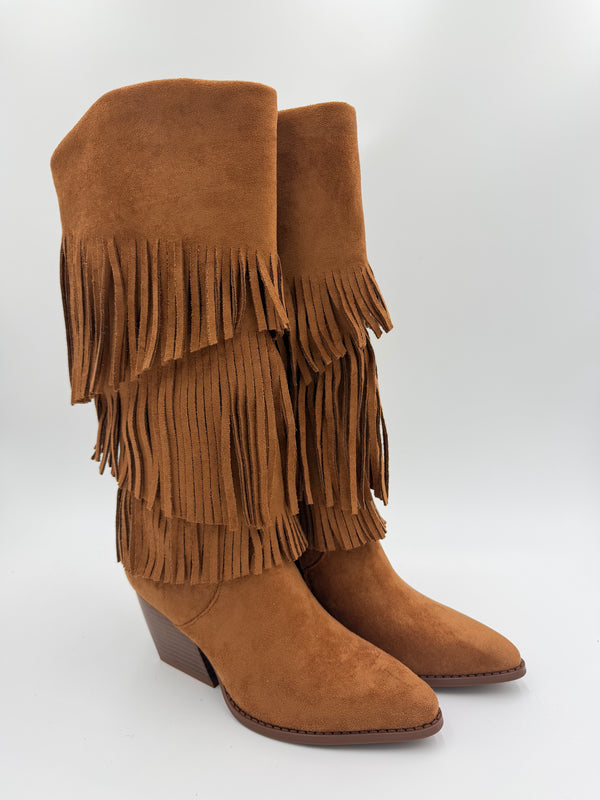 Camel Fringe Faux Suede Cowboy Boots in Camel / 36/3 - HL London