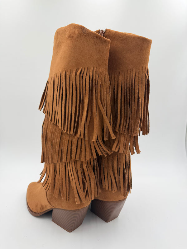 Camel Fringe Faux Suede Cowboy Boots in Camel / 36/3 - HL London