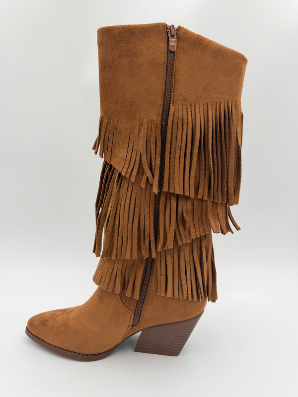 Camel Fringe Faux Suede Cowboy Boots in Camel / 36/3 - HL London