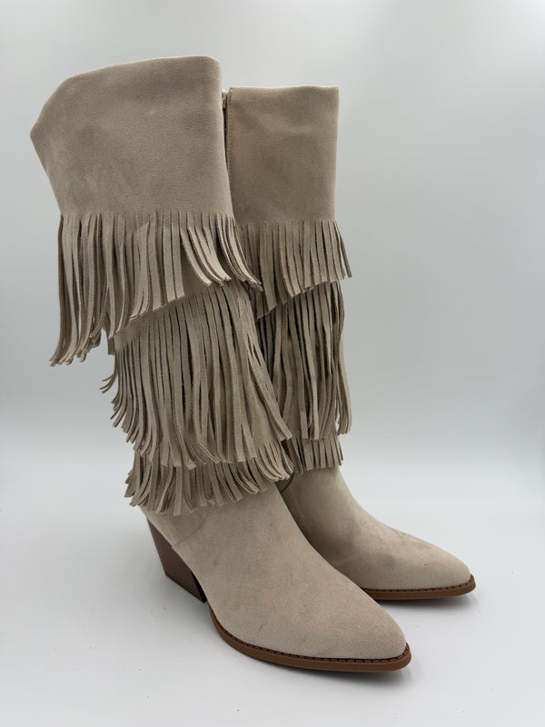 Beige Fringe Faux Suede Cowboy Boots in Beige / 40/7 - HL London