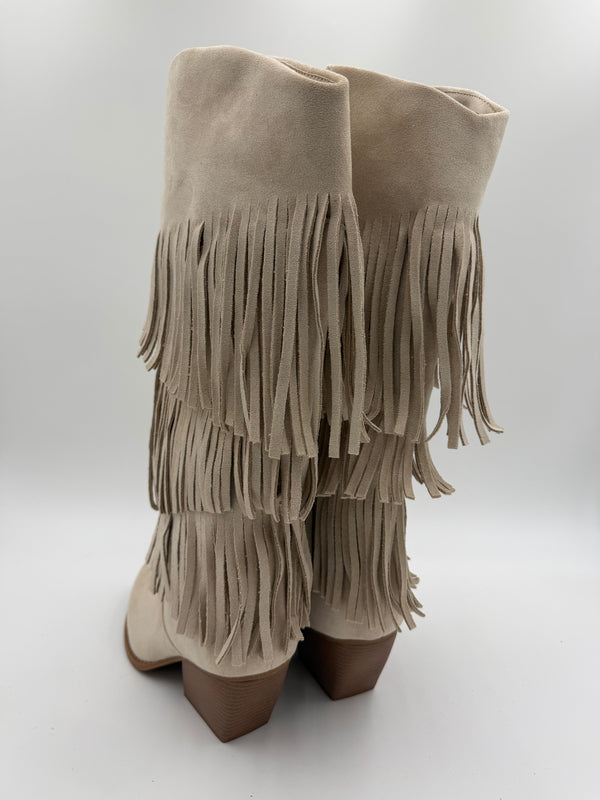 Beige Fringe Faux Suede Cowboy Boots in Beige / 40/7 - HL London