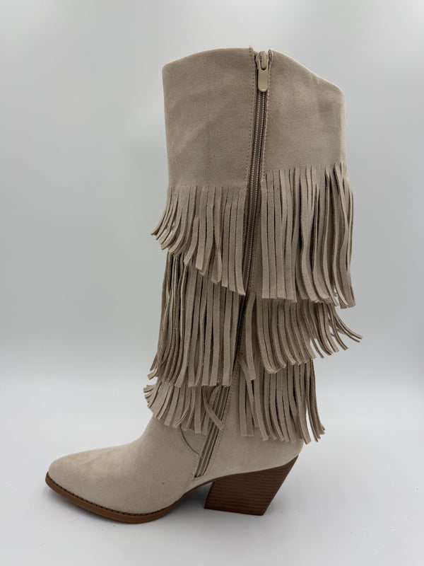 Beige Fringe Faux Suede Cowboy Boots in Beige / 40/7 - HL London