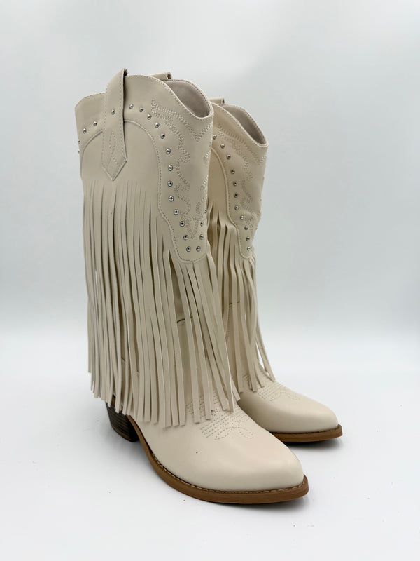 Beige Fringe Faux Leather Cowboy Boots in Beige / 36/3 - HL London