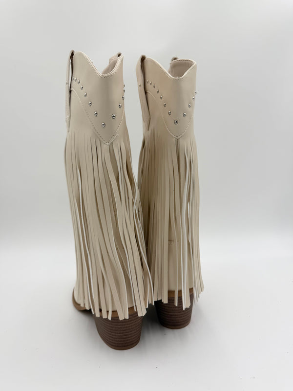 Beige Fringe Faux Leather Cowboy Boots in Beige / 36/3 - HL London