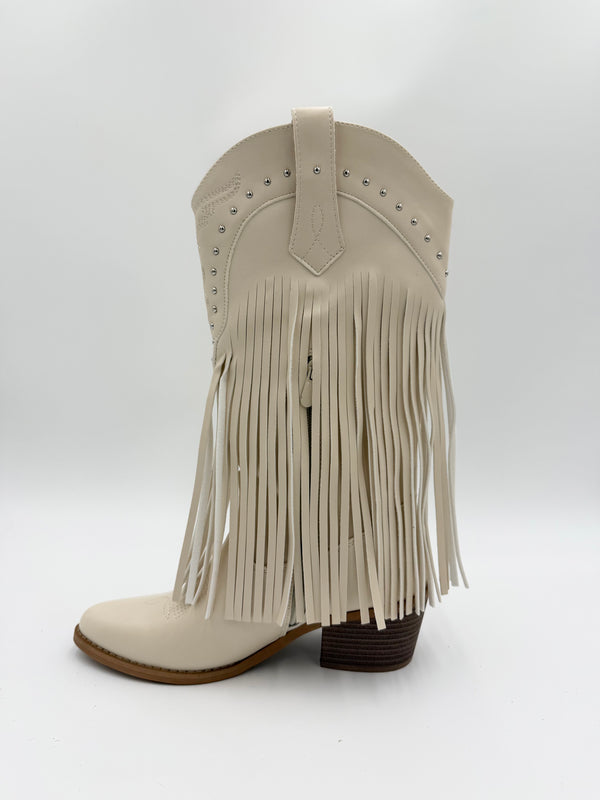 Beige Fringe Faux Leather Cowboy Boots in Beige / 36/3 - HL London