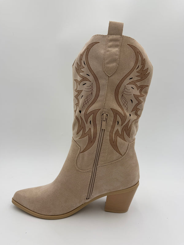 Beige Suede Effect Cut Out Detail Cowboy Boots in Beige / 40/7 - HL London