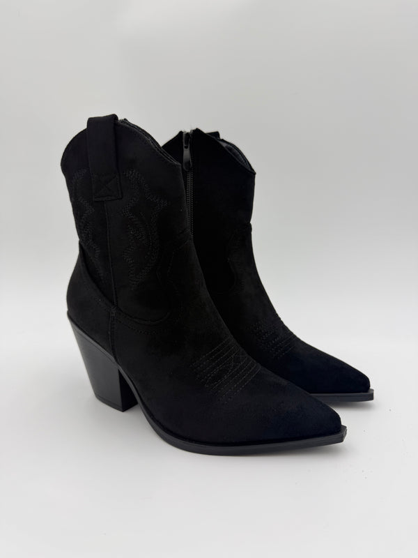 Black Faux Suede Ankle Cowboy Boots in Black / 37/4 - HL London