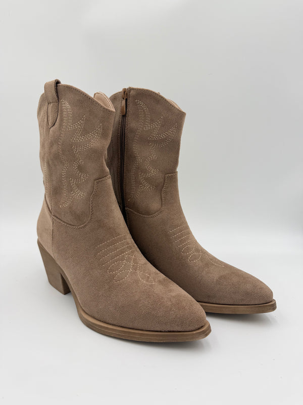 Dark Beige Suede Effect Calf Length Cowboy Boots in Dark Beige / 41/8 - HL London