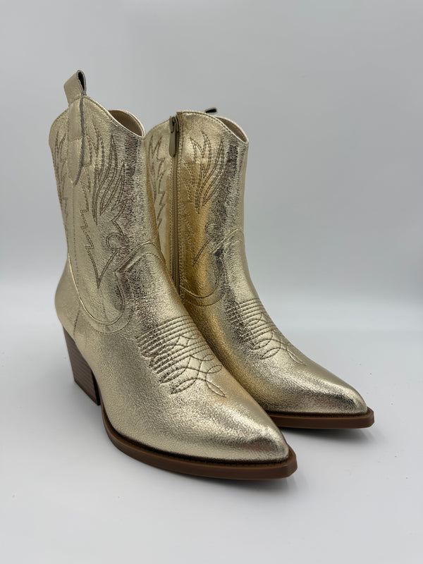 Gold Faux Leather Ankle Cowboy Boots in Gold / 36/3 - HL London