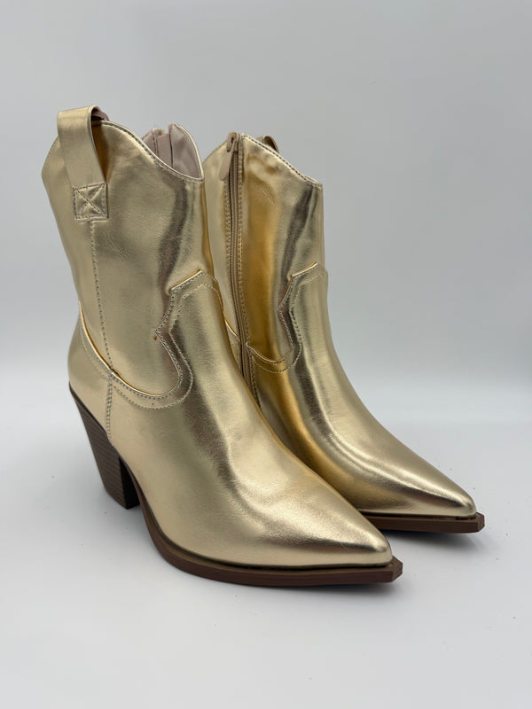 Gold Faux Leather Ankle Cowboy Boots in Gold / 37/4 - HL London