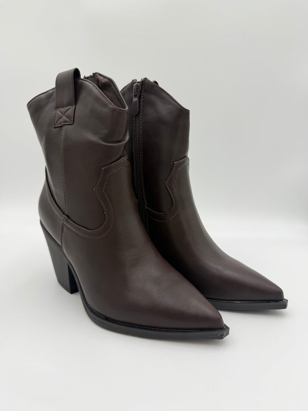 Chocolate Faux Leather Plain Ankle Cowboy Boots in Chocolate / 36/3 - HL London
