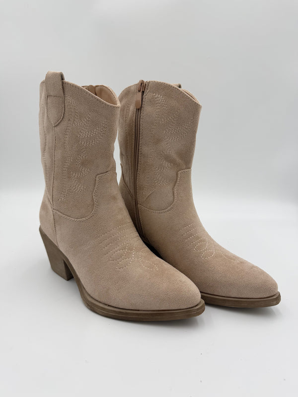 Beige Suede Effect Calf Length Cowboy Boots in Beige / 36/3 - HL London